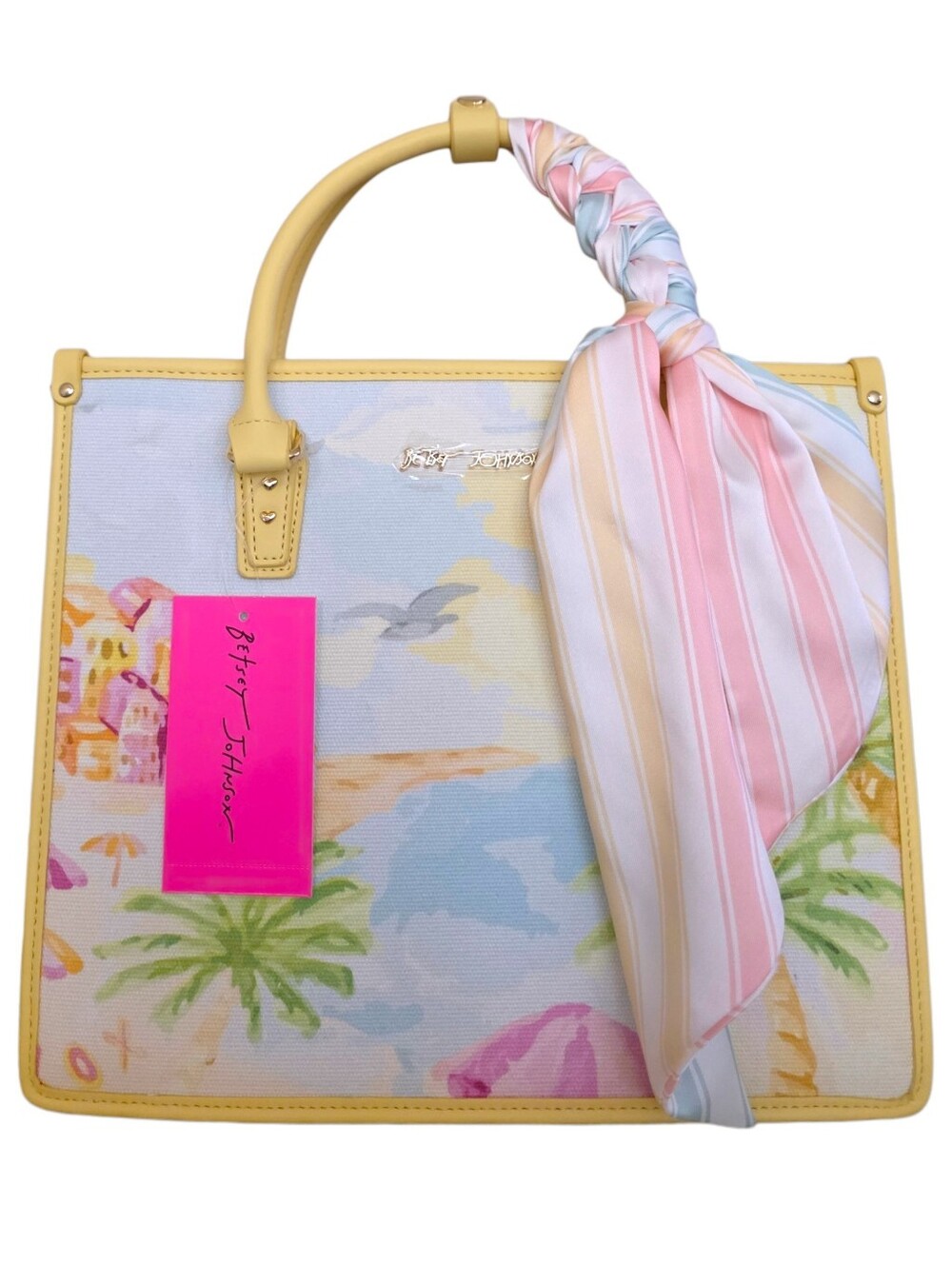 NEW Betsey Johnson Coastal Watercolor Palm Beach Yellow Bag w/ Crossbody & Scarf